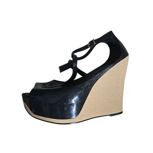 Melissa Women 8 T-Strap Black Faux Espadrille Wedge Heels Shoes Open Toe